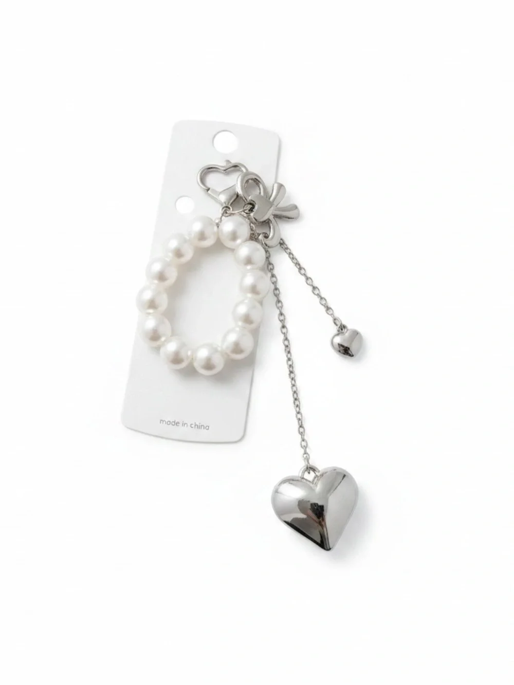 New Large Faux Pearl with Silver Tone Hearts Bag Charm / Keychain Feminine Gift